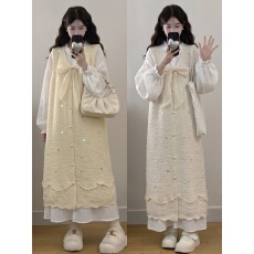 批发实拍大码秋<b class='q'>冬</b>甜美少女风亮片丝带蝴蝶结针织背心裙+衬衫裙两件套