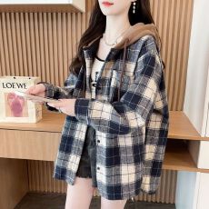 批发格子2025秋季款连帽<b class='q'>衬衫</b>中长款外套女