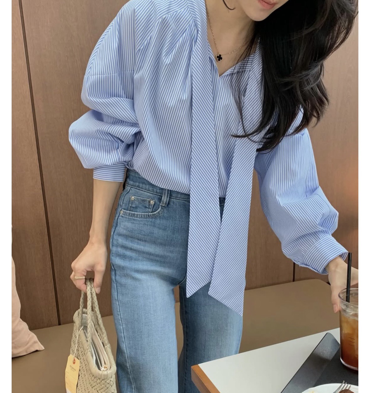 한 스타일 달콤함 연령 감소 레이스업 풀오버 셔츠 셔츠
