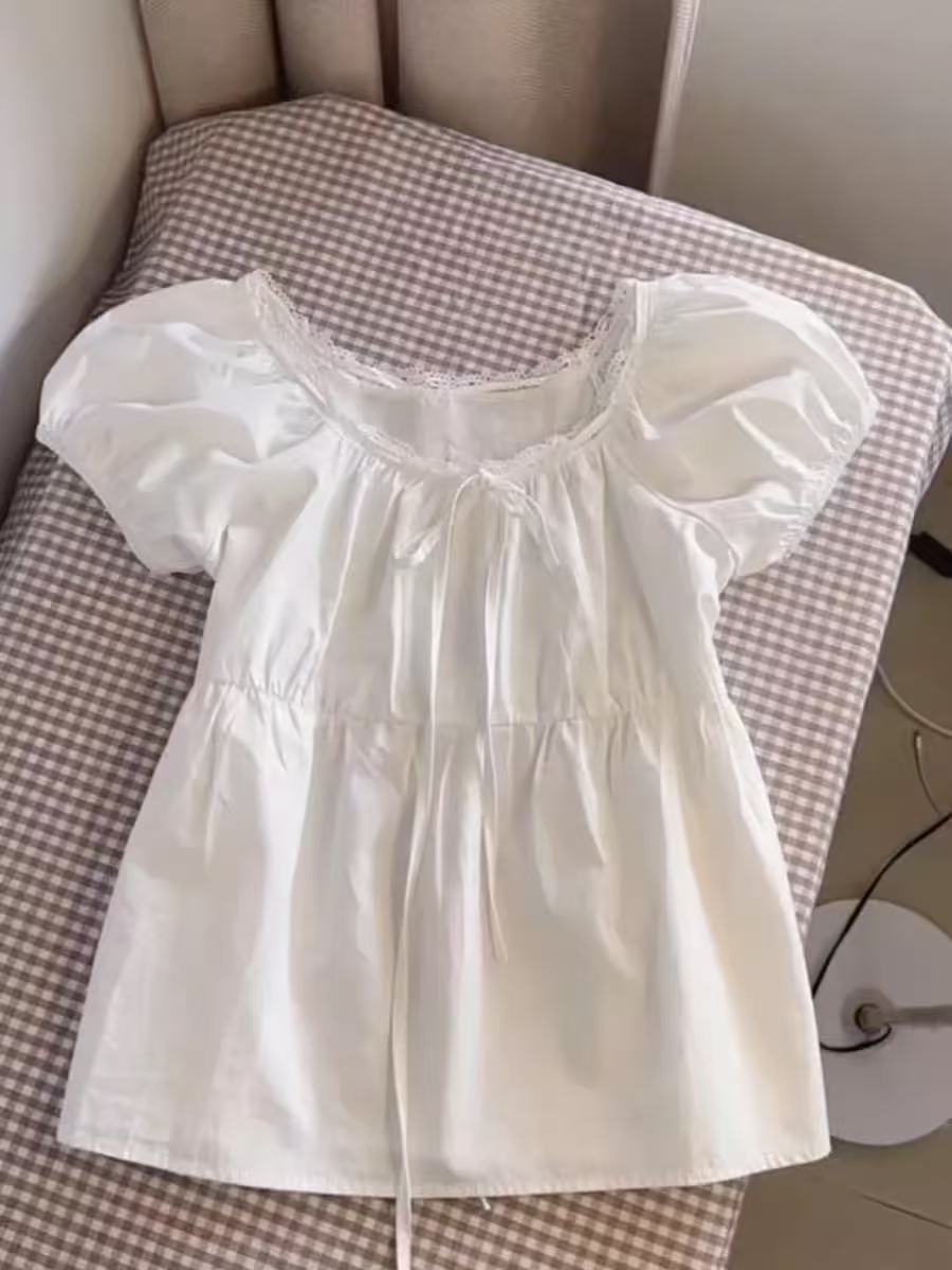 프랑스식 순수한 욕망 바람 레이스 측면 패치워크 레이스업 인사이드 가져 가라. 반팔 여름 여자 거품 소매 꼬집기 허리 슬림해 보이는 맨위