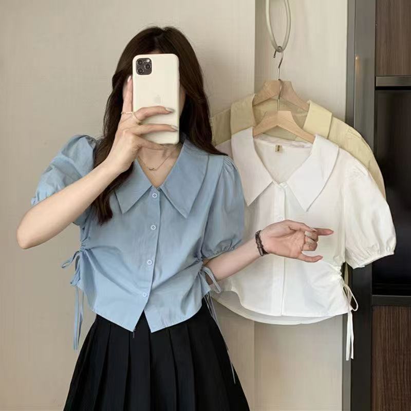 디자인 센스 작은 대중 한국 스타일 반팔 여성 셔츠 여름 새로운 작은 청신 프랑스식 학생 거품 소매 셔츠 트렌디