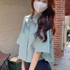 批发大码设计感纯色短袖衬衫女夏季polo领衬衣酷辣妹宽松百搭短款上衣