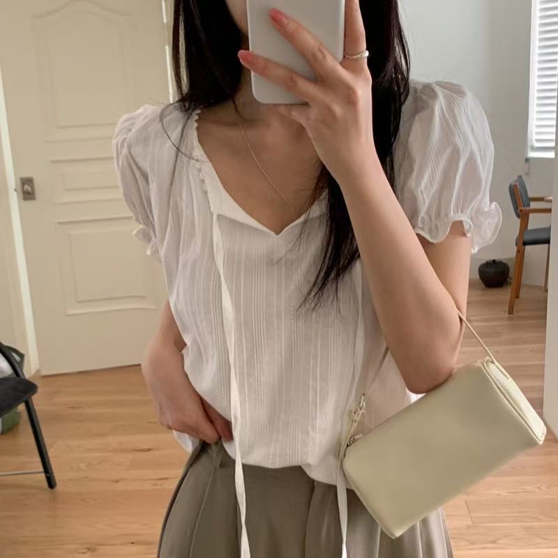 한국 chic 여름 레이스 패치워크 면 자카드 반팔 셔츠