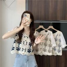 批发镂空短款上衣针织衬衫开衫外套2024夏季新款短袖薄款网红<b class='q'>蕾丝</b>衫