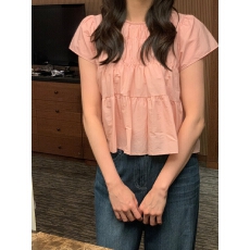 批发chic 韩系夏季<b class='q'>甜美</b>减龄泡泡袖皱褶宽松显瘦百搭娃娃衫衬衫上衣