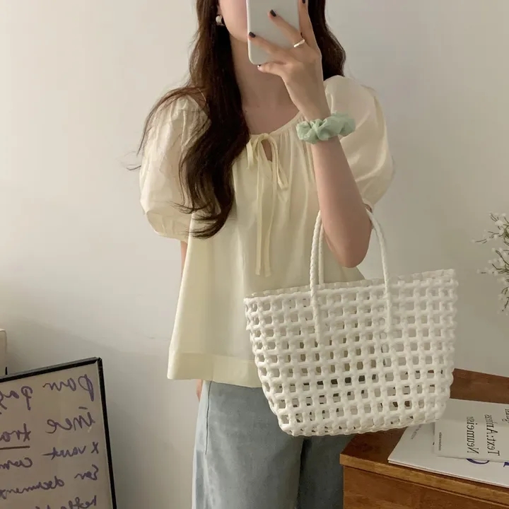 chic 여름 한국 스타일 미니멀리즘 달콤함 레이스업 거품 소매 다용도 셔츠 맨위