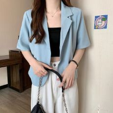 批发短袖衬衫女夏法式设计感小众薄款西装洋气短款别致小上衣ins显瘦
