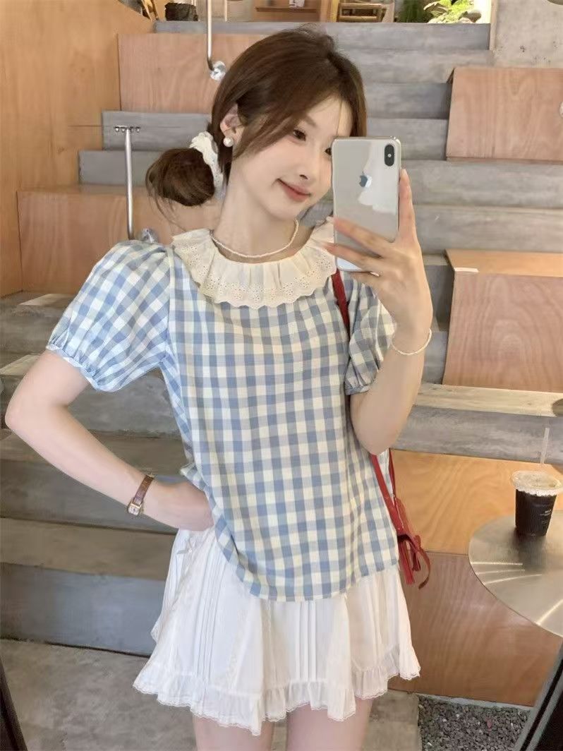 프랑스식 달콤함 여성 의류 여름 전후 둘 착용 레이스 칼라 체크무늬 반팔 셔츠 한국 스타일 작은 청신 루즈핏 맨위