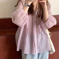 批发<b class='q'>韩国</b>小众chic防晒衬衫女夏季2026新款薄款灯笼袖休闲宽松褶皱衬衣