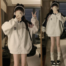 批发实拍美式复古立领卫衣外套女款春季撞色拼接宽松拉链<b class='q'>开衫</b>