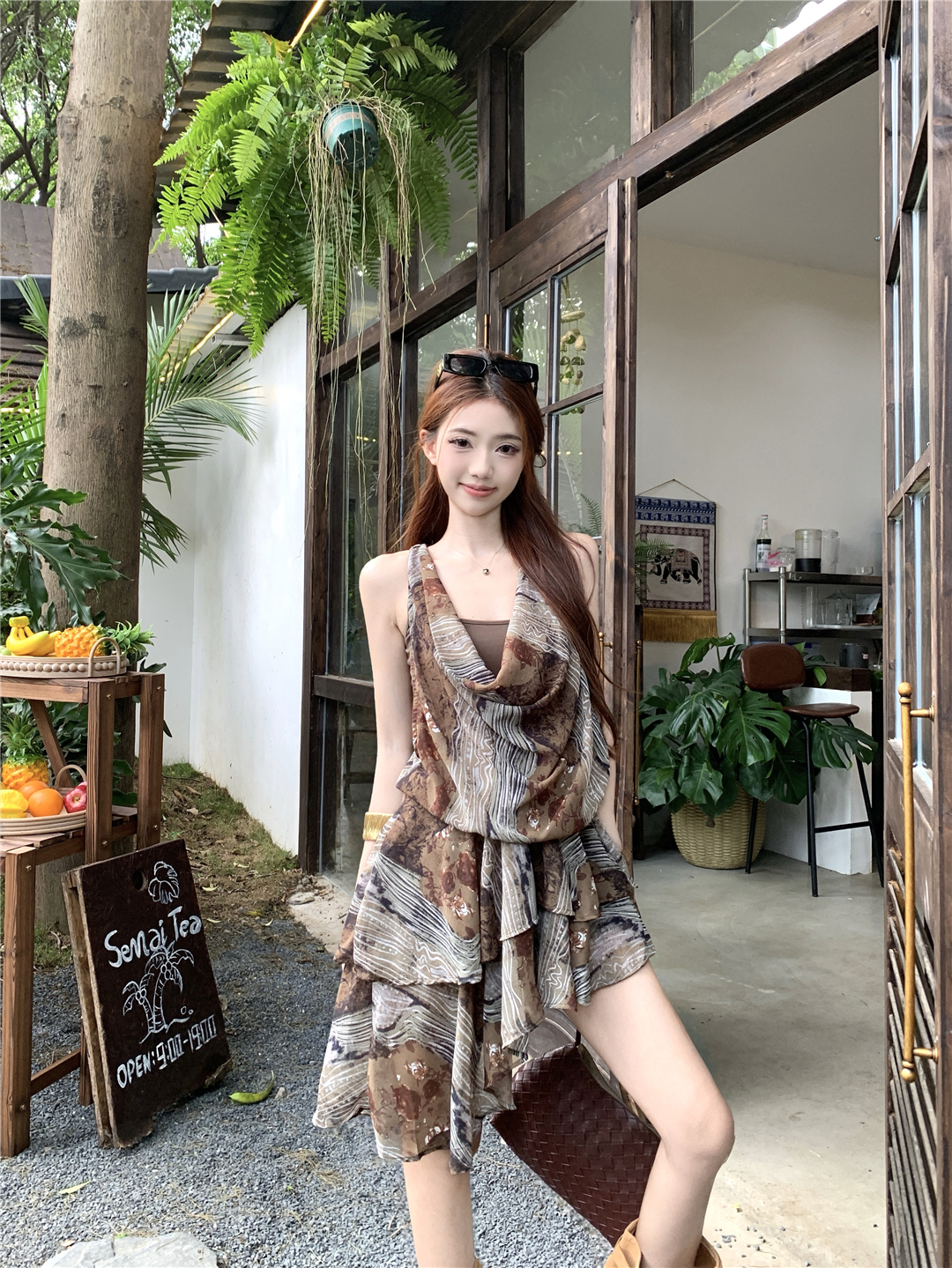실사 여름 휴가 바람 행침 목 꽃무늬 흔들다 칼라 디자인 센스 페이크 레이어드 불규칙 드레스