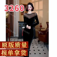 批发“夜烁星光”秋冬季新款气质黑色网纱烫钻丝绒修身连衣裙