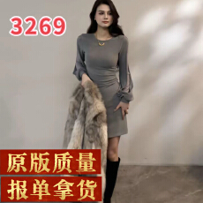 批发灯笼袖褶皱冬季新款<b class='q'>连衣裙</b>显瘦小众设计感百搭裙子DT1853