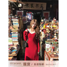 批发红色长袖连衣裙韩系气质收腰<b class='q'>长裙</b>新年战袍