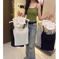批发早秋新款 一体式天丝棉莫代尔升级版条纹方领吊带 自带胸垫美背