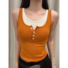 批发秋<b class='q'>冬</b>撞色假两件磨毛纽扣背心固定胸垫撞色假两件设计内搭超时尚