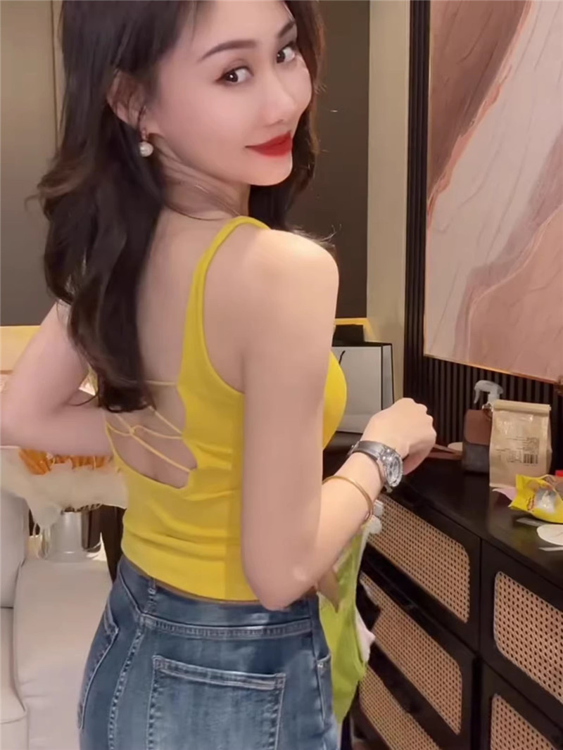 봄 여름 새로운 한국 스타일 여성 사탕 색상 섹시함 십자가 벨트 홀로우 아웃 하나 컵 u 칼라 슬립 아름다움 뒤로 기본 셔츠