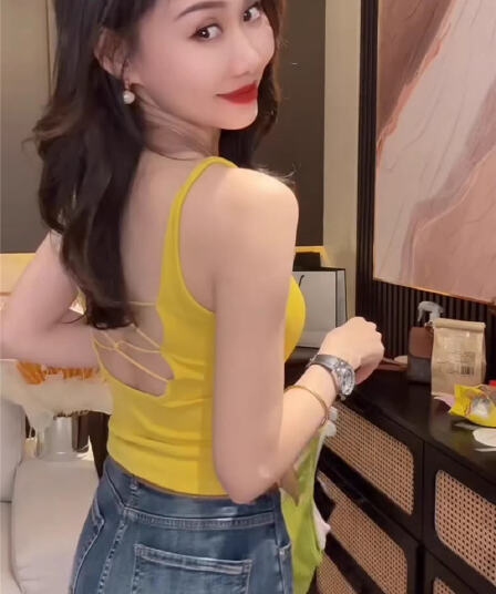 봄 여름 새로운 한국 스타일 여성 사탕 색상 섹시함 십자가 벨트 홀로우 아웃 하나 컵 u 칼라 슬립 아름다움 뒤로 기본 셔츠