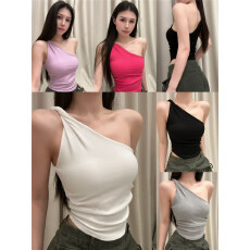 批发韩版新款单肩扭结斜肩吊带<b class='q'>背心女</b>夏外穿气质露肩修身弹力针织上衣