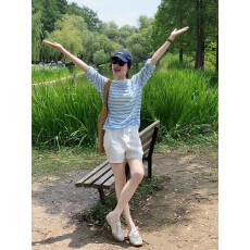 批发韩系蓝色条纹长袖防晒<b class='q'>T</b><b class='q'>恤</b>女夏季小个子宽松外搭薄款空调罩衫上衣