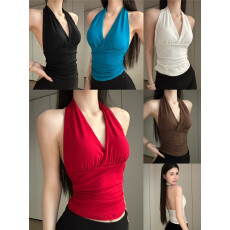 批发韩版挂脖吊带背心辣妹性感设计感V领抽褶收腰显瘦高弹美背上衣夏