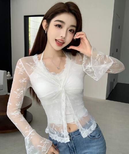 순수한 욕망 레이스 긴팔 V넥 봄 여름 사람들 면 레이스 조각 태양 보호 셔츠 나만의 것을 가져와 라. 가슴 패드 원피스 맨위