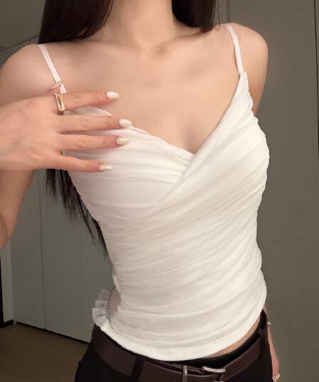 품격 십자가 망사 슬립 허리 망사 주름 수정 커브 뒤로 망사 밴딩 명중 가져 가라. 선택하지 마라. 사람들