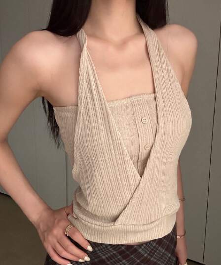 모직물 느긋한 바람 페이크 레이어드 행침 목 튜브탑 고정 원피스 우유 센스 ~을 통해 气胸 패드 아름다움 뒤로 조끼