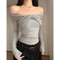 批发气质蝴蝶一字肩辣妹长袖  固定一体乳感透气胸垫免穿bra T恤