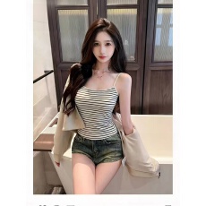 批发秋<b class='q'>冬</b>条纹棉外扩杯基础吊带 固定一体式杯垫美背百搭背心