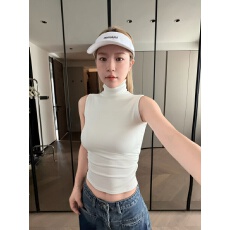 批发美式小众设计纯欲辣妹风无袖T恤女半高领蚂蚁腰背心时尚打底上衣