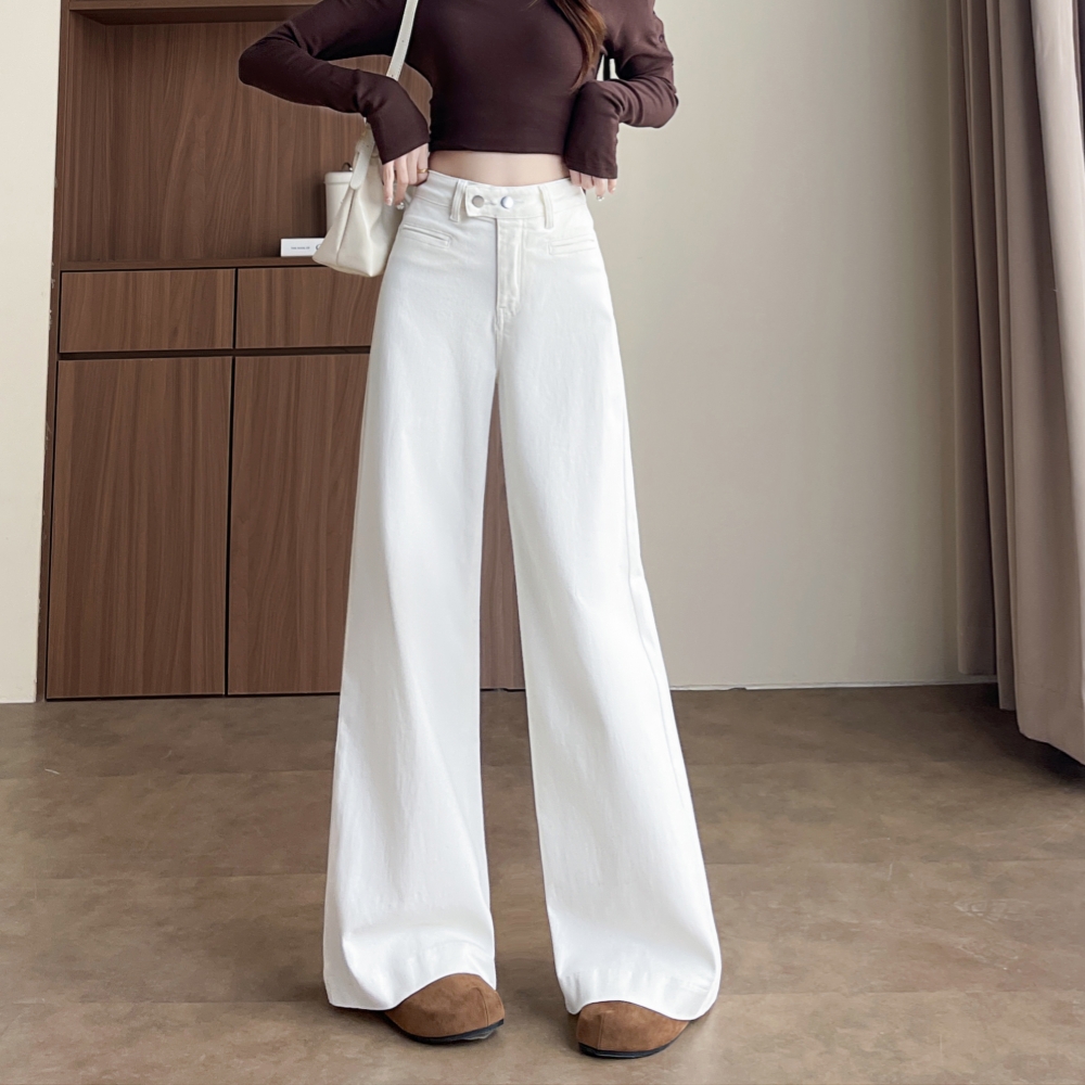실사 2026 년 봄 다용도 높음 폭탄 순수한 쌀 화이트 데님 마이크로 나팔 넓은 다리 여성 145cm 몸집이 작은 개인
