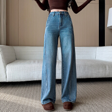 批发实拍王家有鱼同款2025年秋冬季百搭侧拼接牛仔直筒阔腿裤女