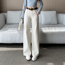 批发实拍2026年春秋高腰米<b class='q'>白色</b>牛仔窄版直筒阔腿裤女145CM娇小个子