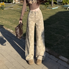 批发实拍2026年春秋季马到成功刺绣窄版直筒牛仔阔腿裤145小个子CM