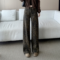 批发实拍2026年春季百搭豹纹牛仔宽松阔腿<b class='q'>牛仔裤</b>女145CM娇小个子