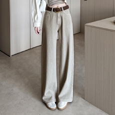 批发实拍春秋季百搭奶茶色牛仔窄版阔腿裤女145CM娇小个子