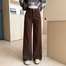 批发春夏季百搭窄版阔腿直筒咖啡色<b class='q'>牛仔裤</b>女