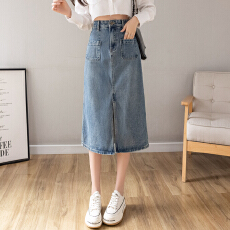 批发实拍2026年夏季<b class='q'>百搭</b>前开叉拼接牛仔半身裙女145CM娇小个子