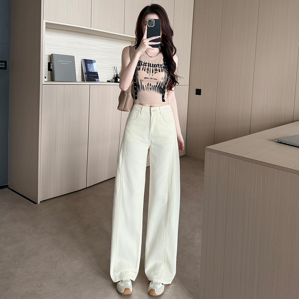 실사 2026 년 여름 다용도 순면 데님 좁은 에디션 넓은 다리 모통이 칼 바지 145cm 몸집이 작은 개인