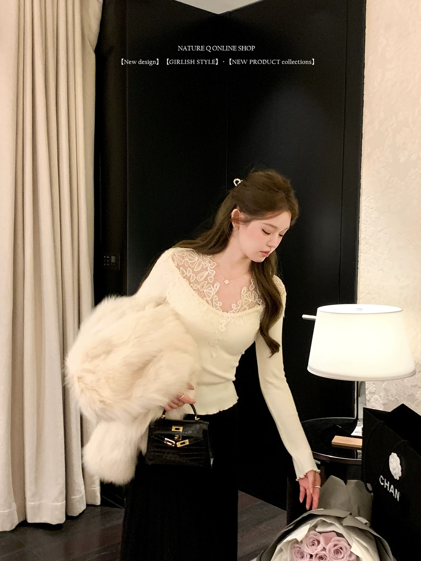 하나부터 순간 나는 모른다. 눈 세트 에디션 V넥 레이스 레이스 곡선 밑단 맨위 진자 니트 반신 스커트