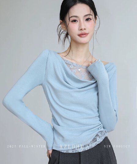 파란색 레이스 조각 오프숄더 흔들다 칼라 티셔츠 여성 이른 봄 디자인 센스 몸매 가꾸기 슬림해 보이는 긴팔 맨위