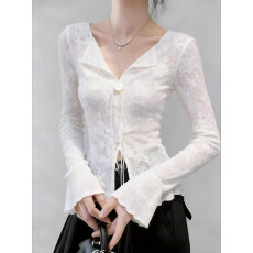 批发法式甜辣妹白色系带<b class='q'>修身</b>蕾丝<b class='q'>打底衫</b>女内搭设计感秋冬喇叭长袖上衣