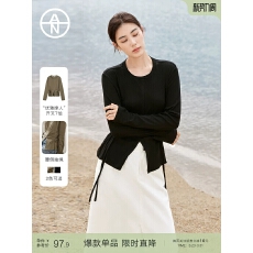 批发大码女装抽绳褶皱长袖T恤秋<b class='q'>冬</b>胖mm下摆开叉小衫上衣黑色打底衫