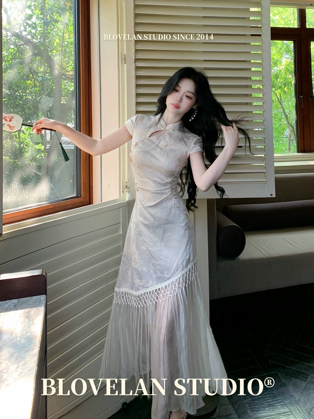 blovelan 화이트 자작 나무 숲의 방 국풍 품격 몸매 가꾸기 새로운 중식 술 패치워크 자카드 허리 수축 치파오 롱 스커트