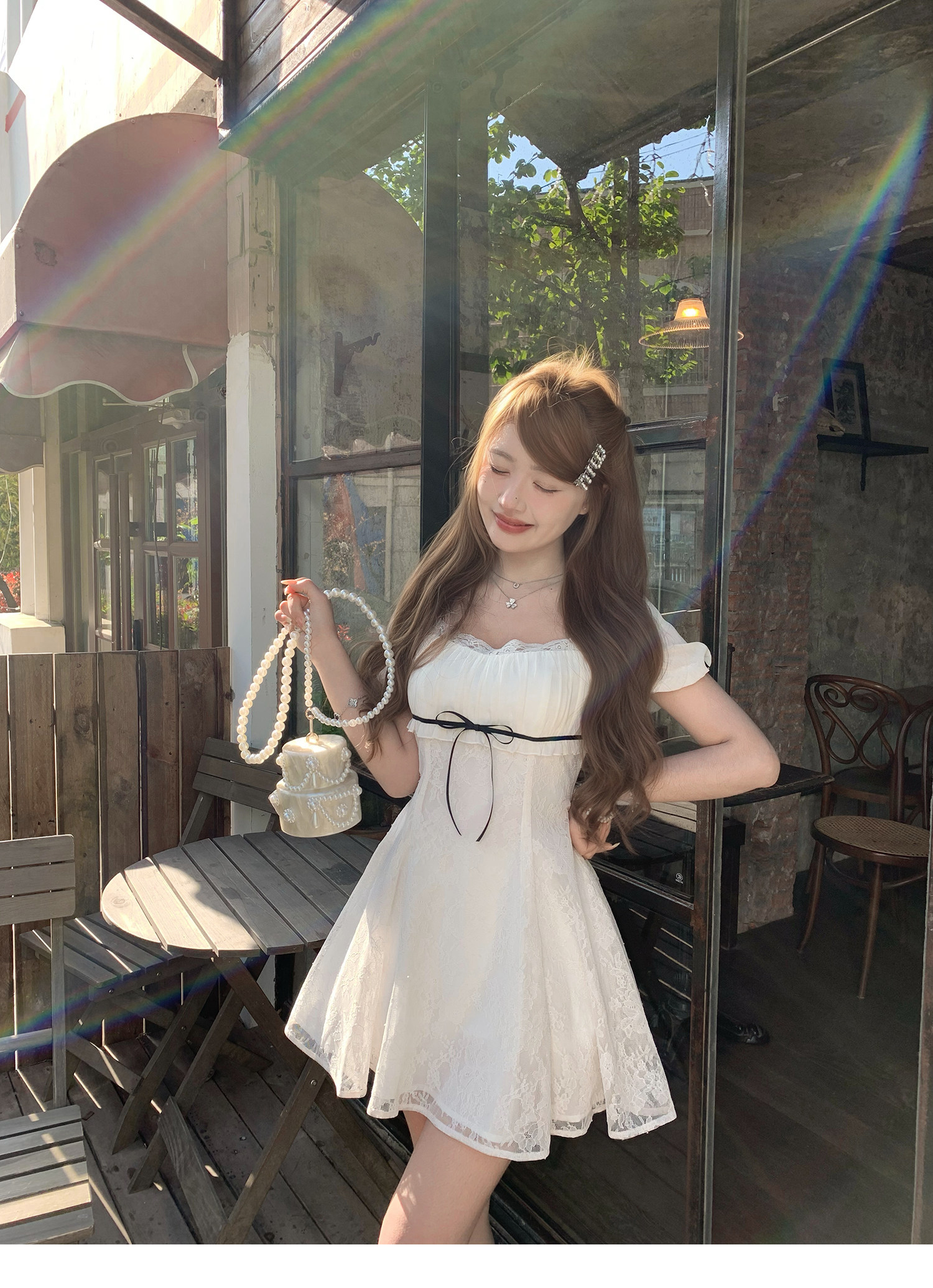 q 여자 집 신제품 9 접기 달콤한 살구 아이스 티 더블 버전 천 골드 센스 레이스 반팔 맨위 점프 슈트 치마 세트