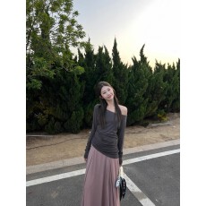 批发4PRIL 不规则斜肩堆堆<b class='q'>打底</b>衫女夏季薄款百搭修身显瘦露肩长袖T恤