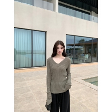 批发慵懒风V领套头针织衫女春秋季长袖修身显瘦毛衣上衣