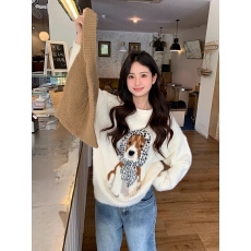 批发韩系小狗印花毛衣女秋季慵懒软糯宽松显瘦套头针织衫