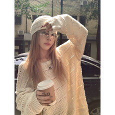 批发白色慵懒风高级感镂空毛衣女秋冬设计感宽松套头针织衫上衣